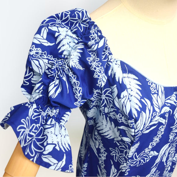 Blue Hawaiian Lei Leaf Long Flare Dress