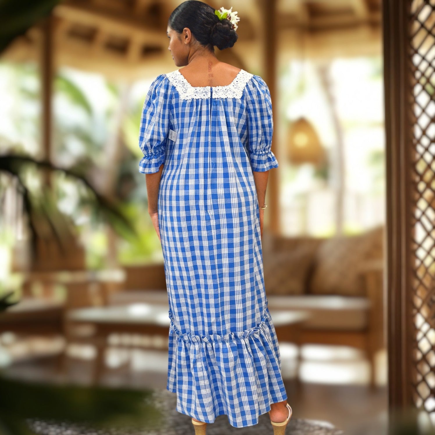 Blue_ Palaka Half Sleeve Muumuu Lace Trim