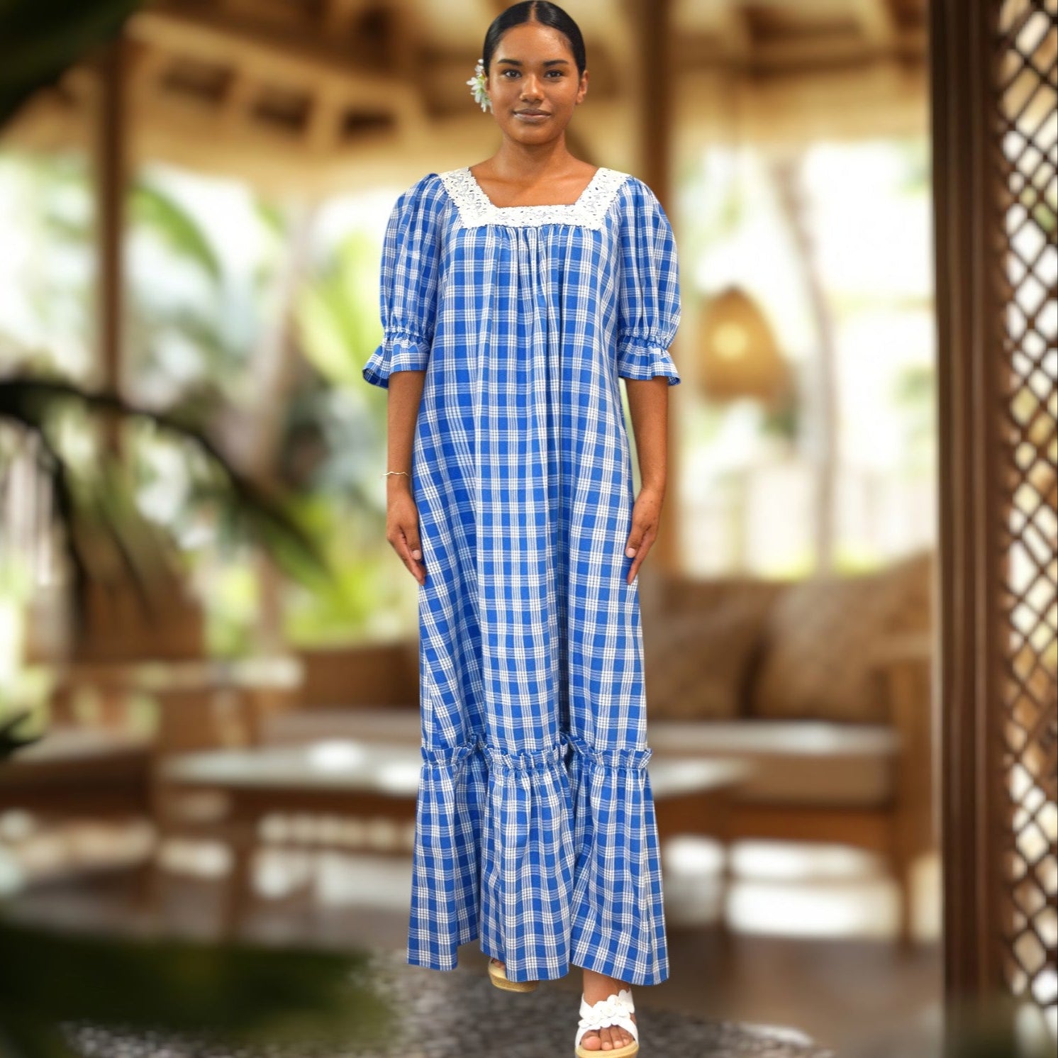 Blue_ Palaka Half Sleeve Muumuu Lace Trim
