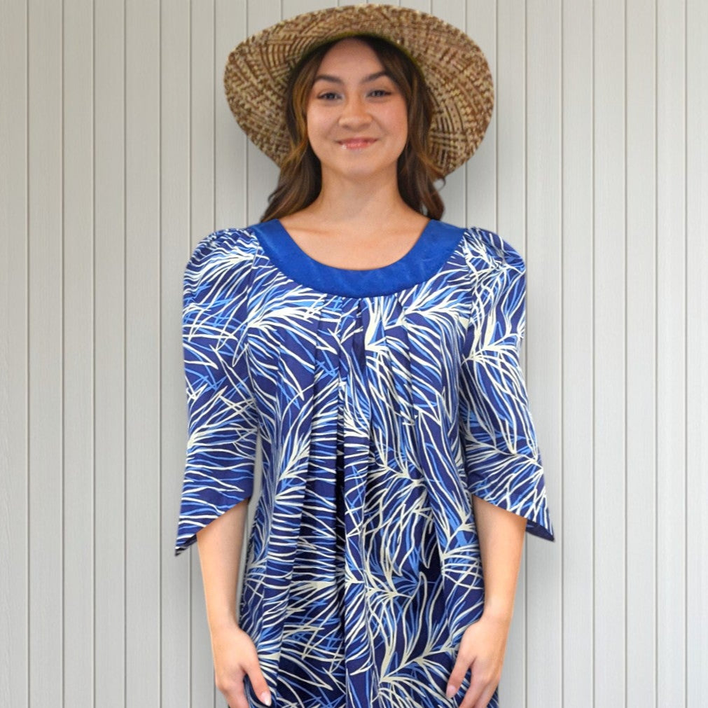Blue Palm Breeze Cotton Muumuu with Velvet Yoke MR144 L Blue Palm Breeze Cotton Muumuu with Velvet Yoke MR144 L