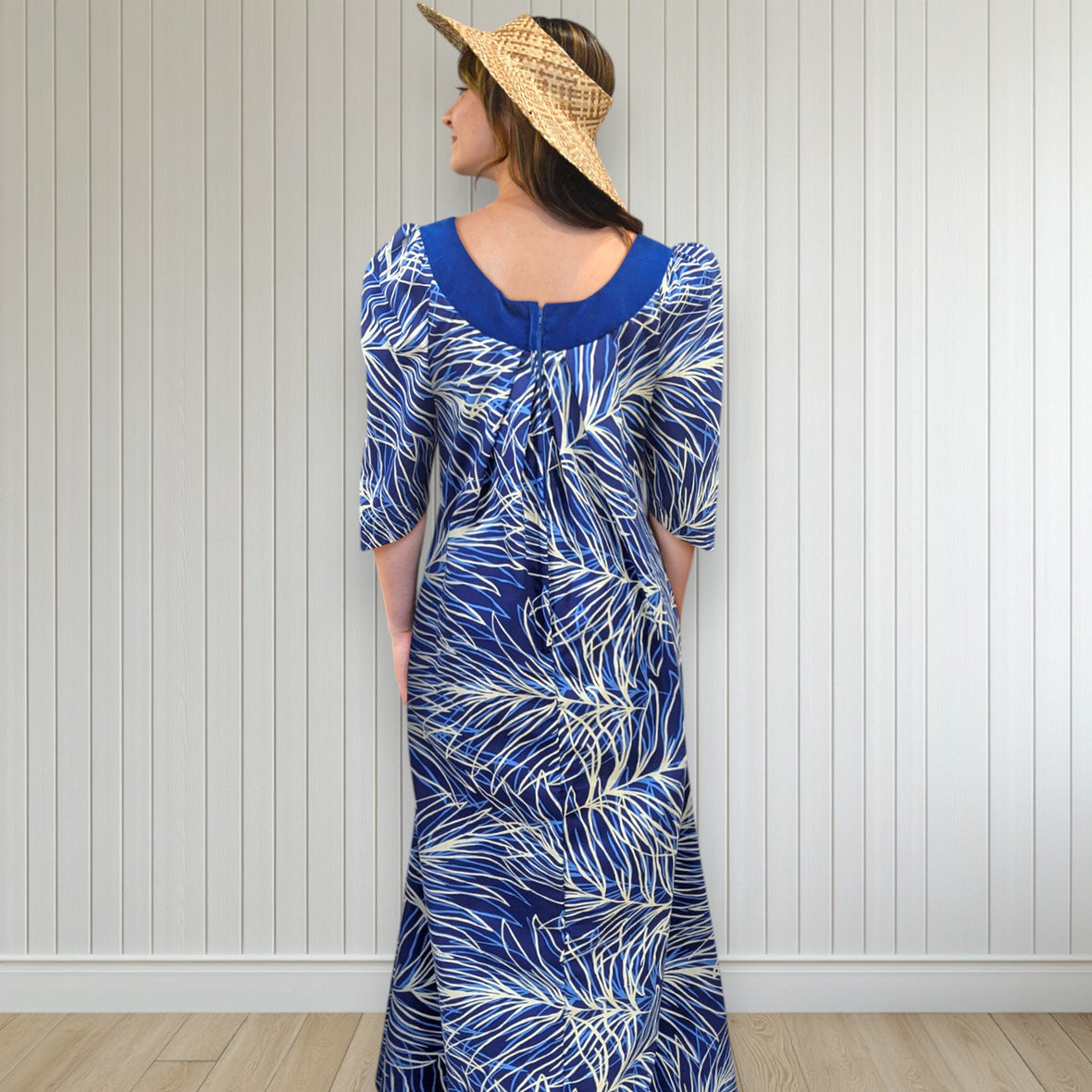 Blue Palm Breeze Cotton Muumuu with Velvet Yoke MR144