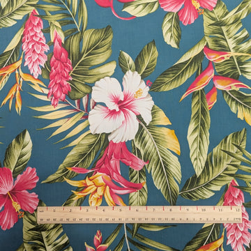 Blue Tropical Garden Hawaiian Fabric – Hibiscus & Tropical Flowers Cotton - 0