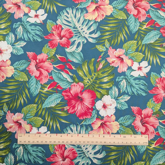 Blue Tropical Hibiscus & Monstera Hawaiian Fabric – 100% Cotton