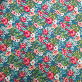 Blue Tropical Hibiscus & Monstera Hawaiian Fabric – 100% Cotton