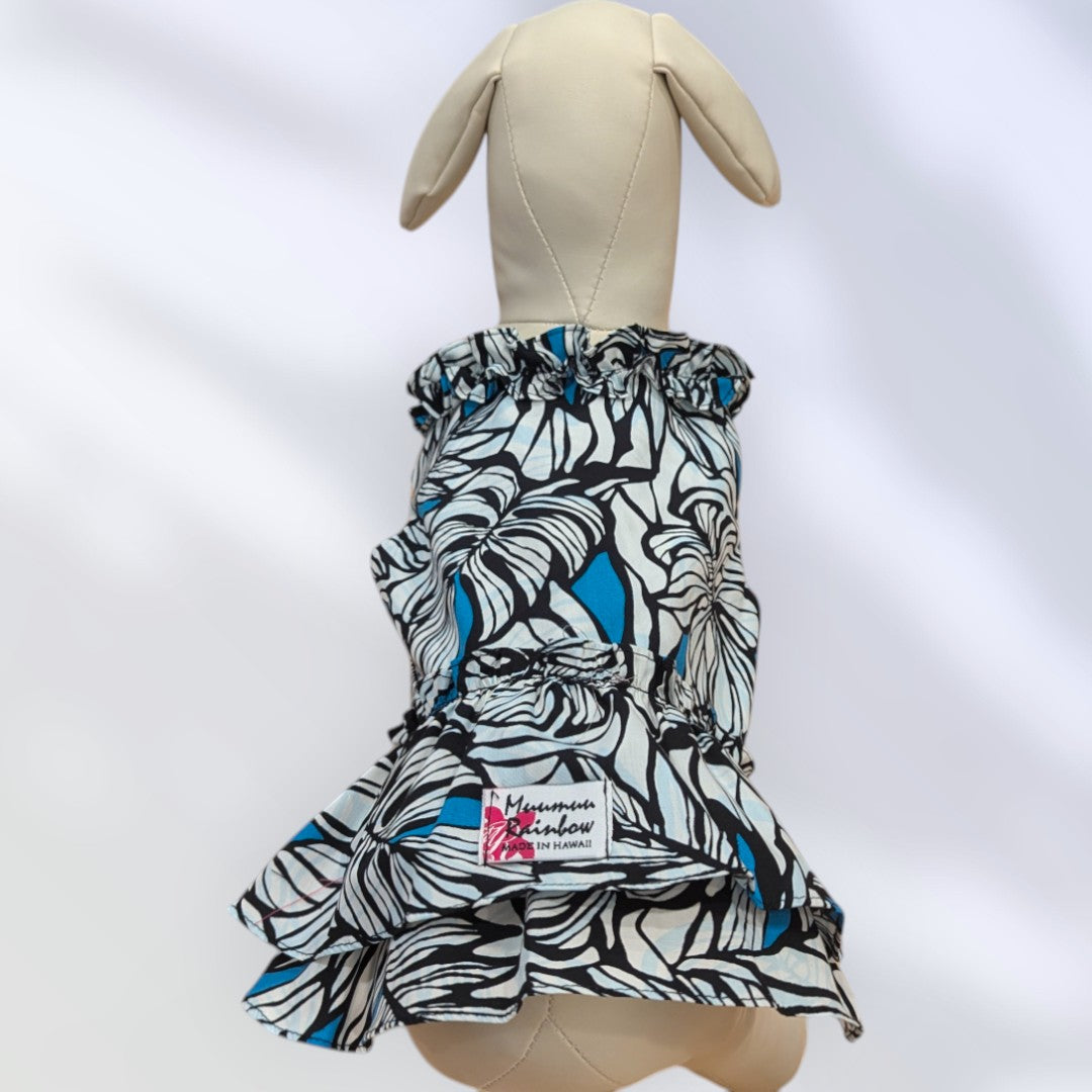 Blue White Hawaiian Leaf Dog Dress