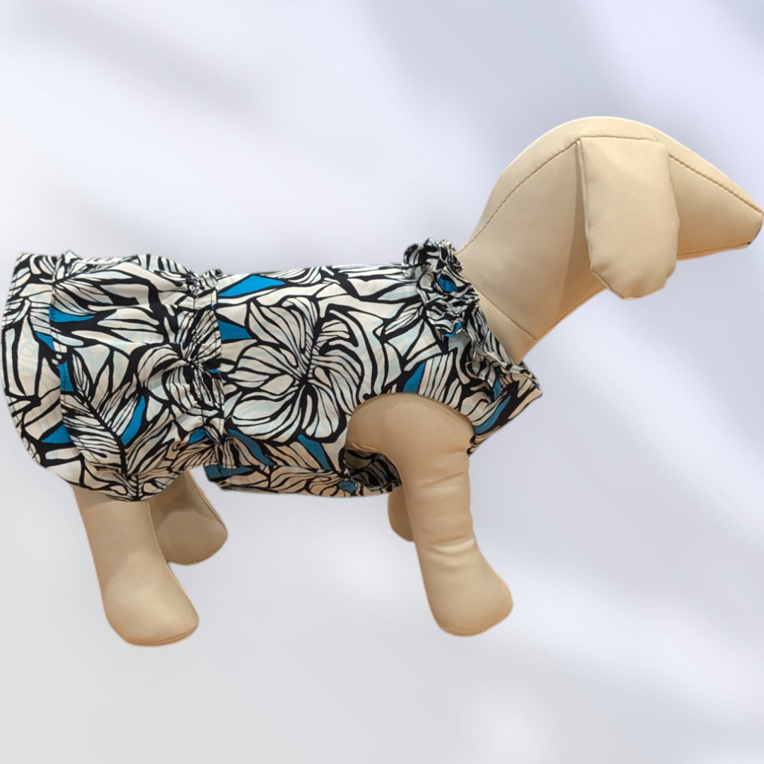 Blue White Hawaiian Leaf Dog Dress