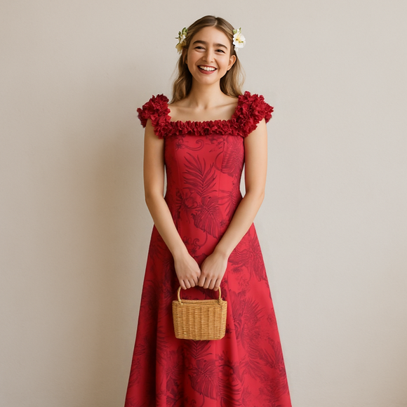 Bright Red Hawaiian Print Dress