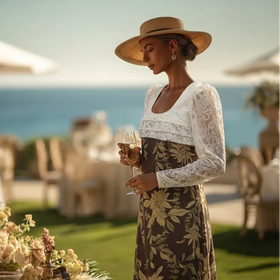 Brown Flower Lei Print Long Pleated Lace Hawaiian Dress 2034