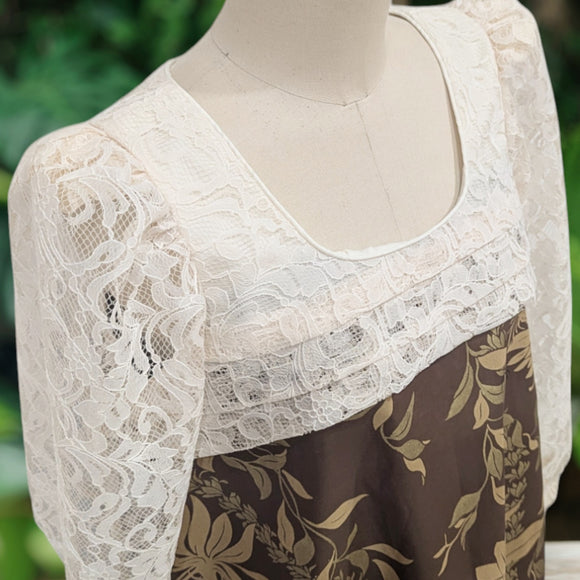 Brown FlowerLei Long Pleated Lace Hawaiian Dress