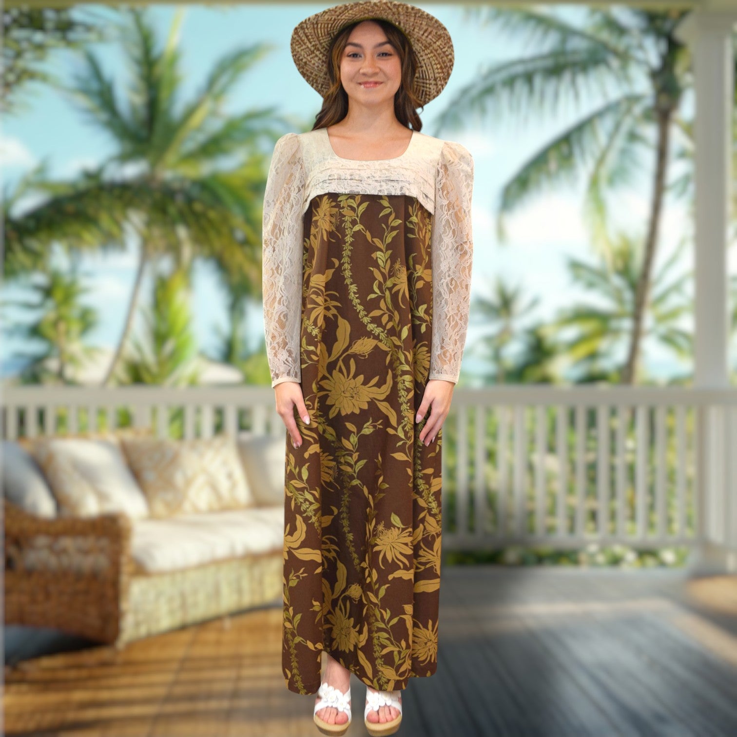 Brown FlowerLei Long Pleated Lace Hawaiian Dress