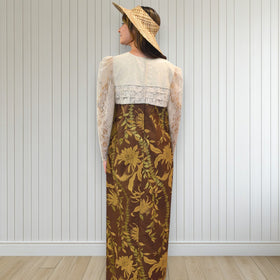 Brown FlowerLei Long Pleated Lace Hawaiian Dress