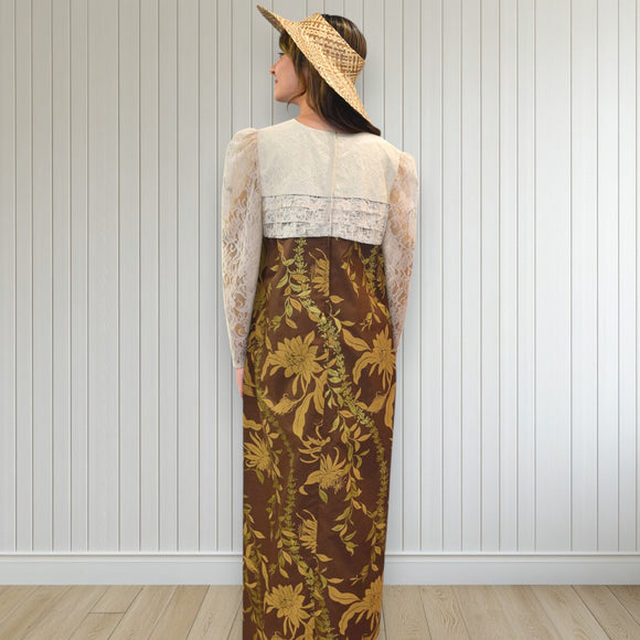 Brown FlowerLei Long Pleated Lace Hawaiian Dress