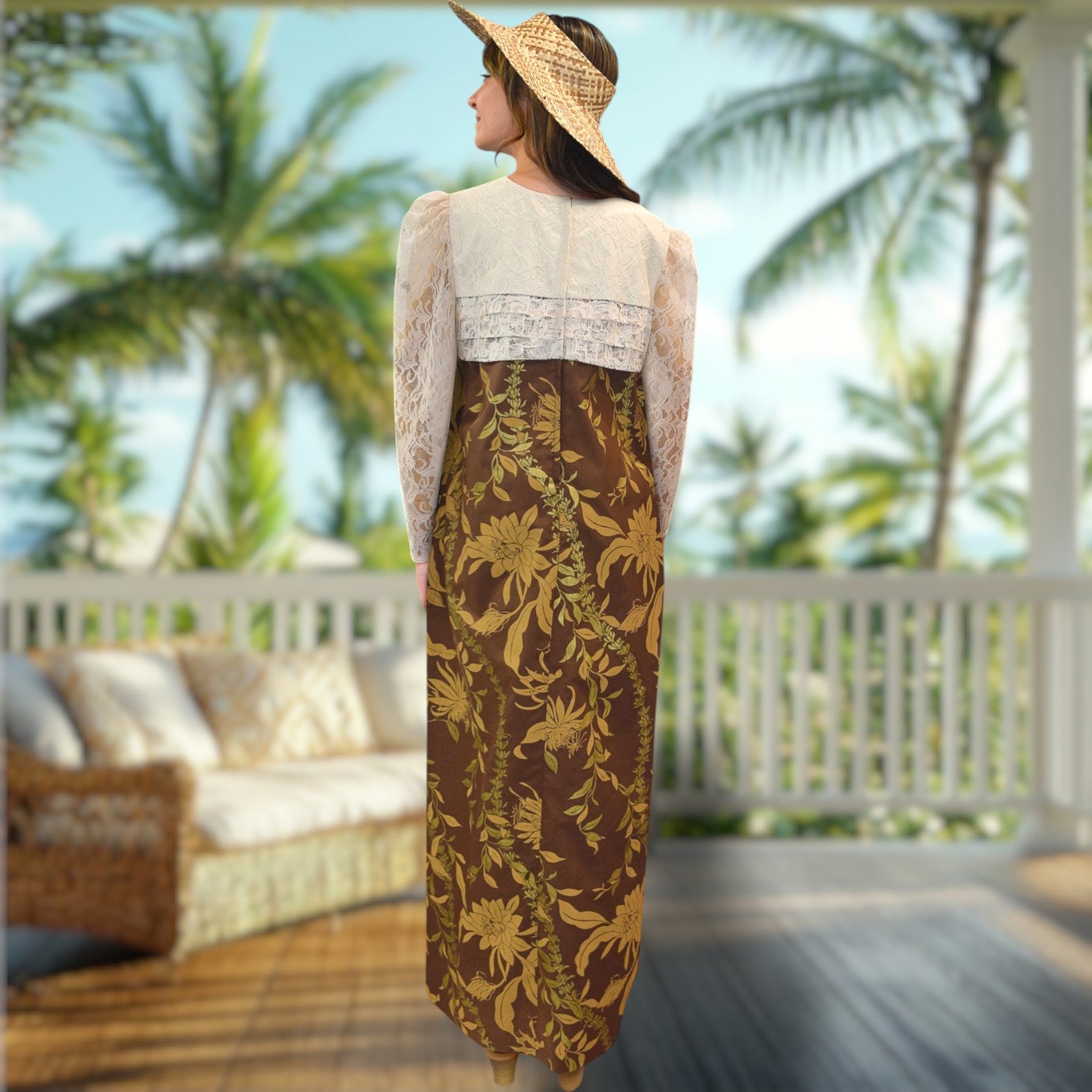 Brown FlowerLei Long Pleated Lace Hawaiian Dress