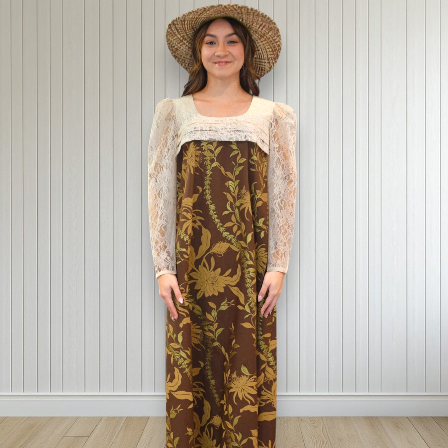 brown hawaiian dress Vintage 1960s Brown Barkcloth Brown Hawaiian Dress - Ui-maikai Floral Maxi Waist: 34"