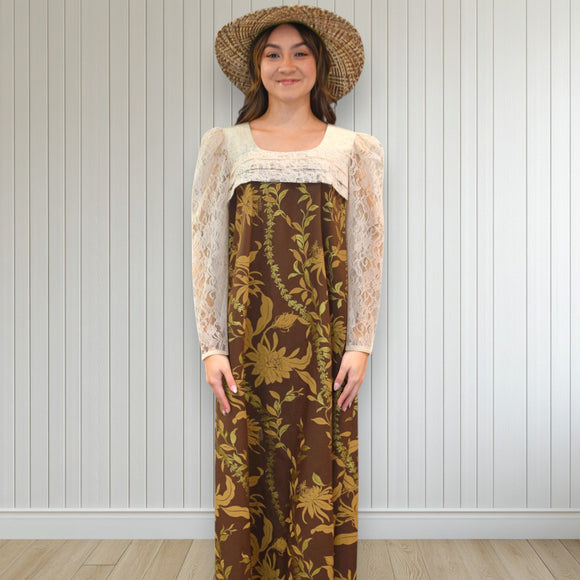 Brown FlowerLei Long Pleated Lace Hawaiian Dress