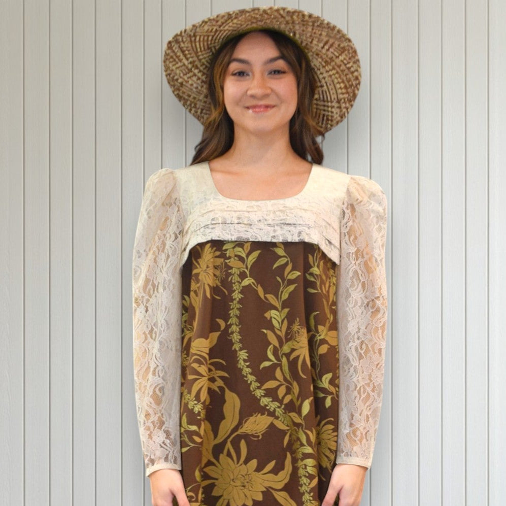 Brown Flower Lei Print Long Pleated Lace Hawaiian Dress 2034 12 Brown Flower Lei Print Long Pleated Lace Hawaiian Dress 2034 12