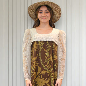 Brown FlowerLei Long Pleated Lace Hawaiian Dress