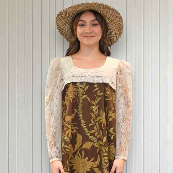 Brown FlowerLei Long Pleated Lace Hawaiian Dress