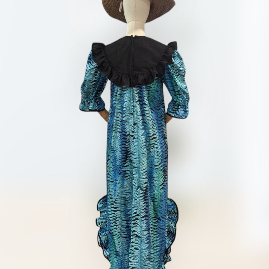 Classic-Style-Blue-Ferns-Muumuu-With-Black-Ruffle