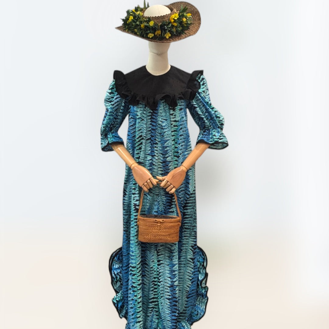 Classic-Style-Blue-Ferns-Muumuu-With-Black-Ruffle