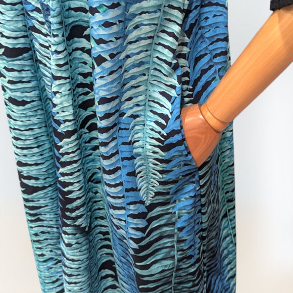 ClassicStyleBlueFernsMuumuuWithBlackRuffle