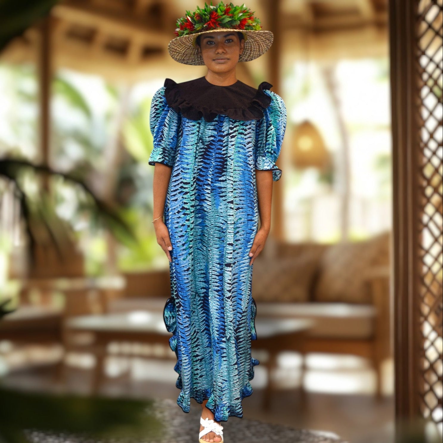 Classic Blue Ferns Muumuu Black Ruffle