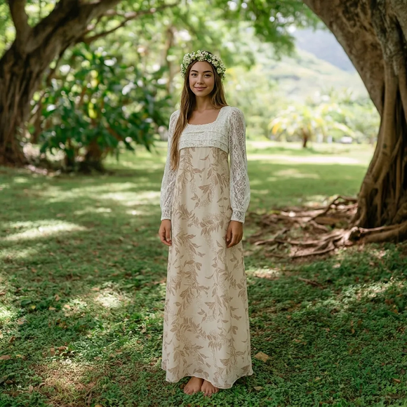 Cream Flower Lei Print Elegant Long Pleated Lace Hawaiian Dress 2034