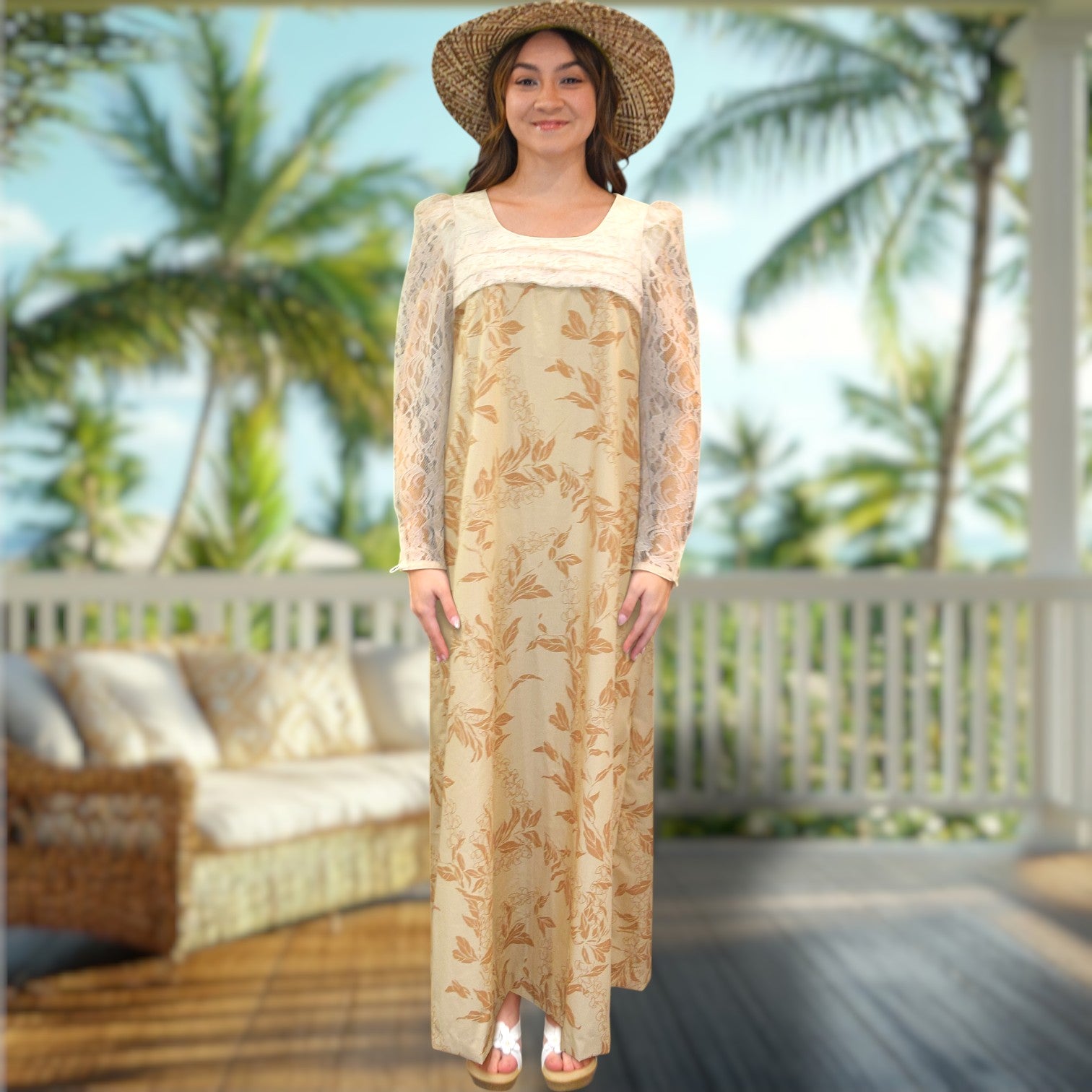Cream FlowerLei Elegant Lace Hawaiian Dress