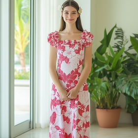 Cream Red Hibiscus Print Dress