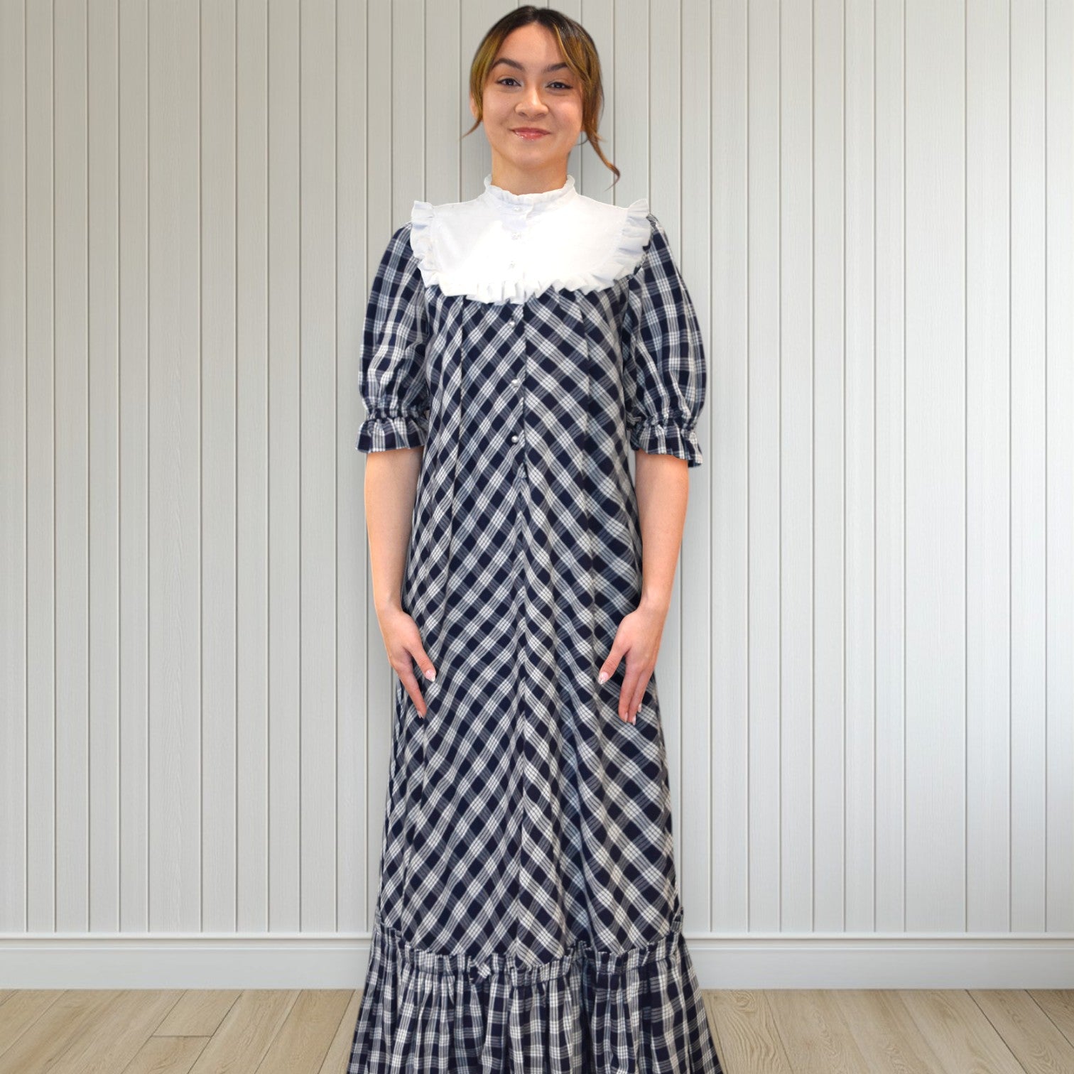 Dark Navy Palaka White HighNeck Muumuu