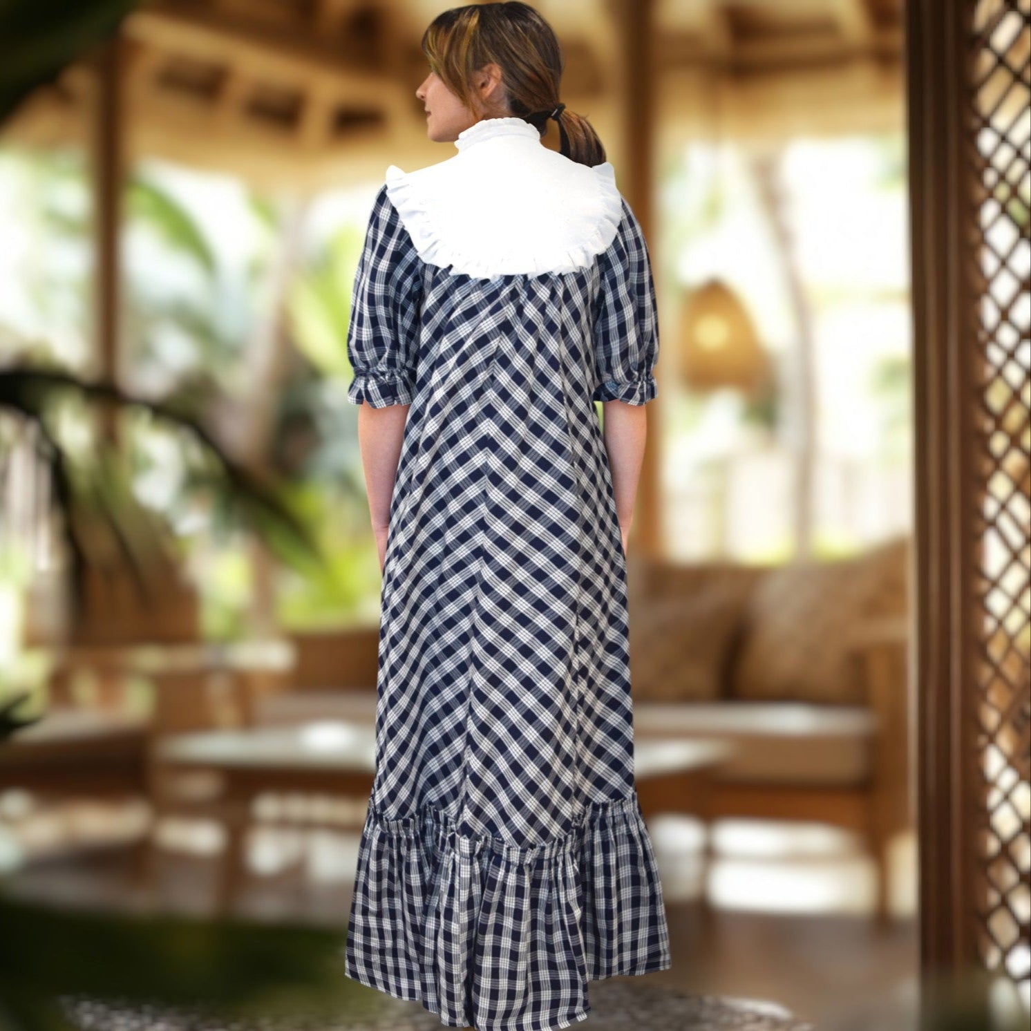 Dark Navy Palaka White HighNeck Muumuu