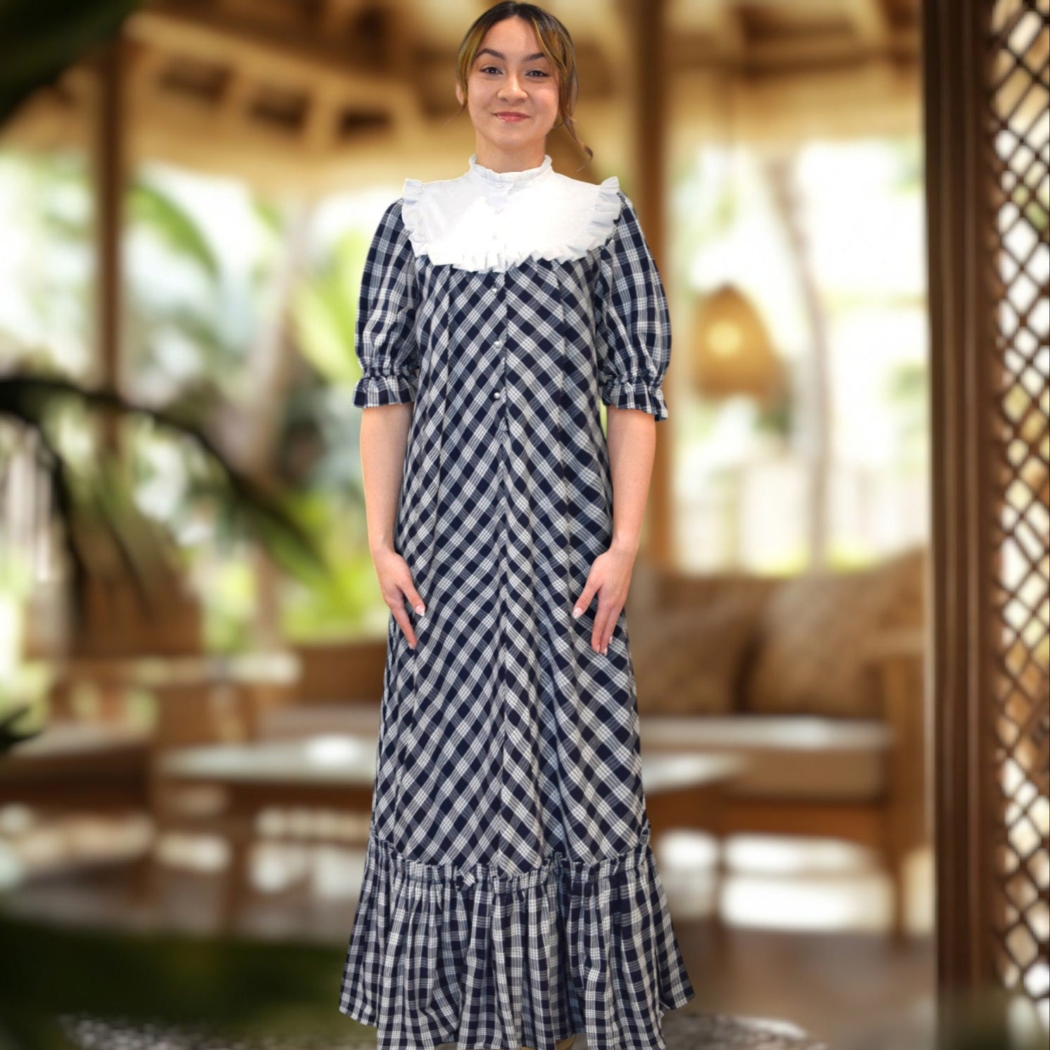 Dark Navy Palaka White HighNeck Muumuu