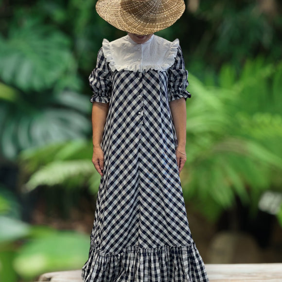 Dark Navy Palaka White HighNeck Muumuu