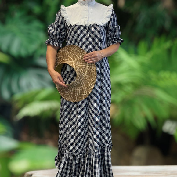 Dark Navy Palaka White HighNeck Muumuu