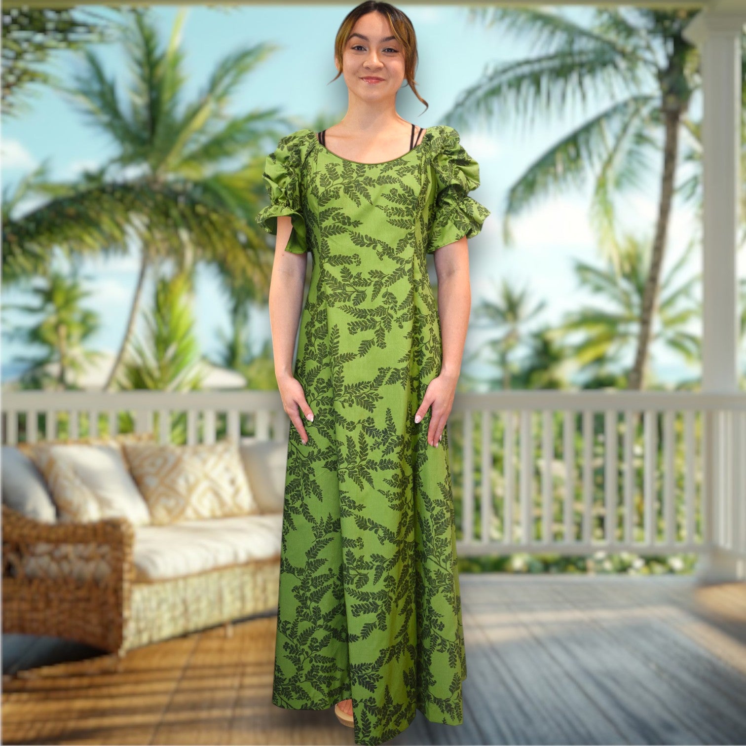Deep Green Fern Elegance Hawaiian Long Flare Dress