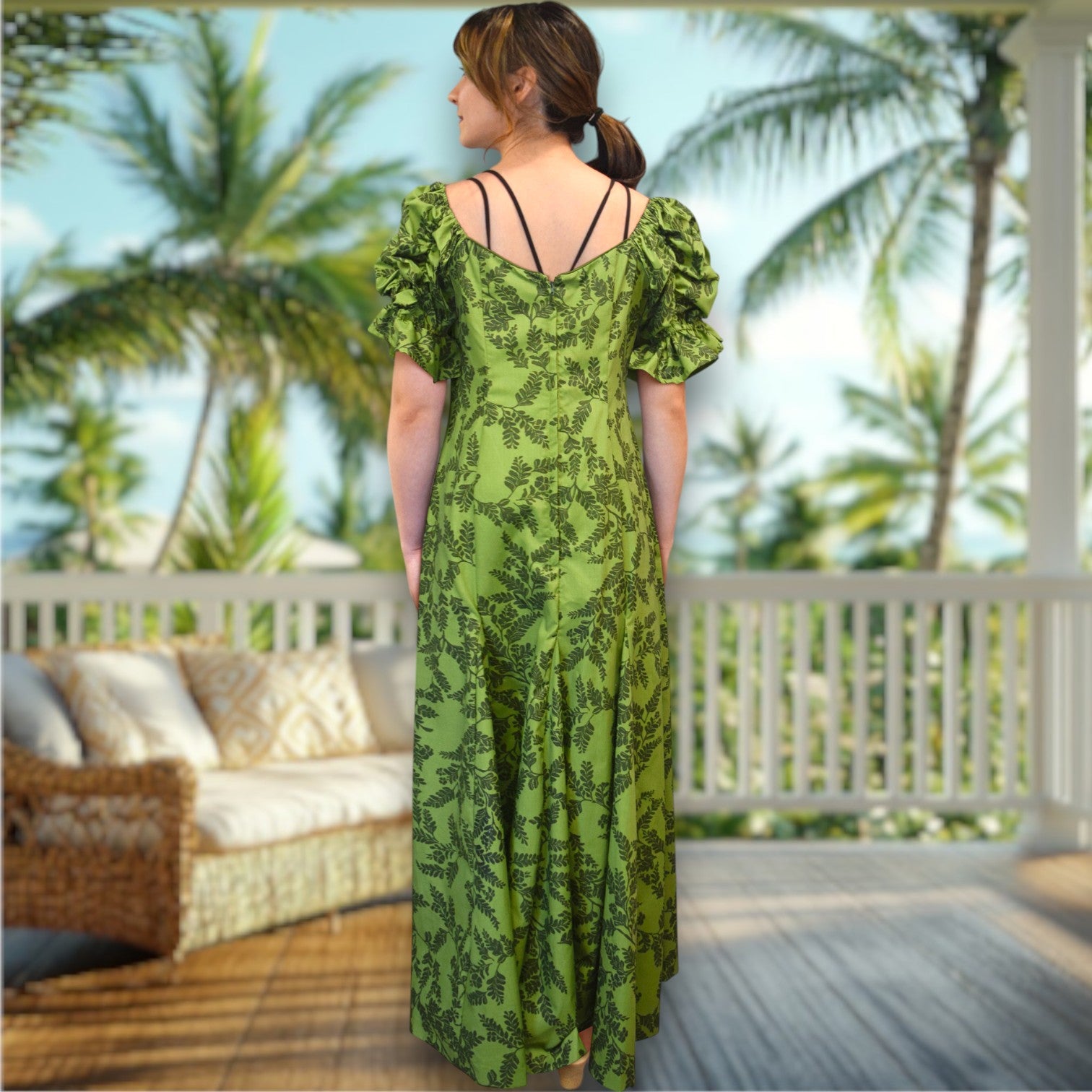 Deep Green Fern Elegance Hawaiian Long Flare Dress