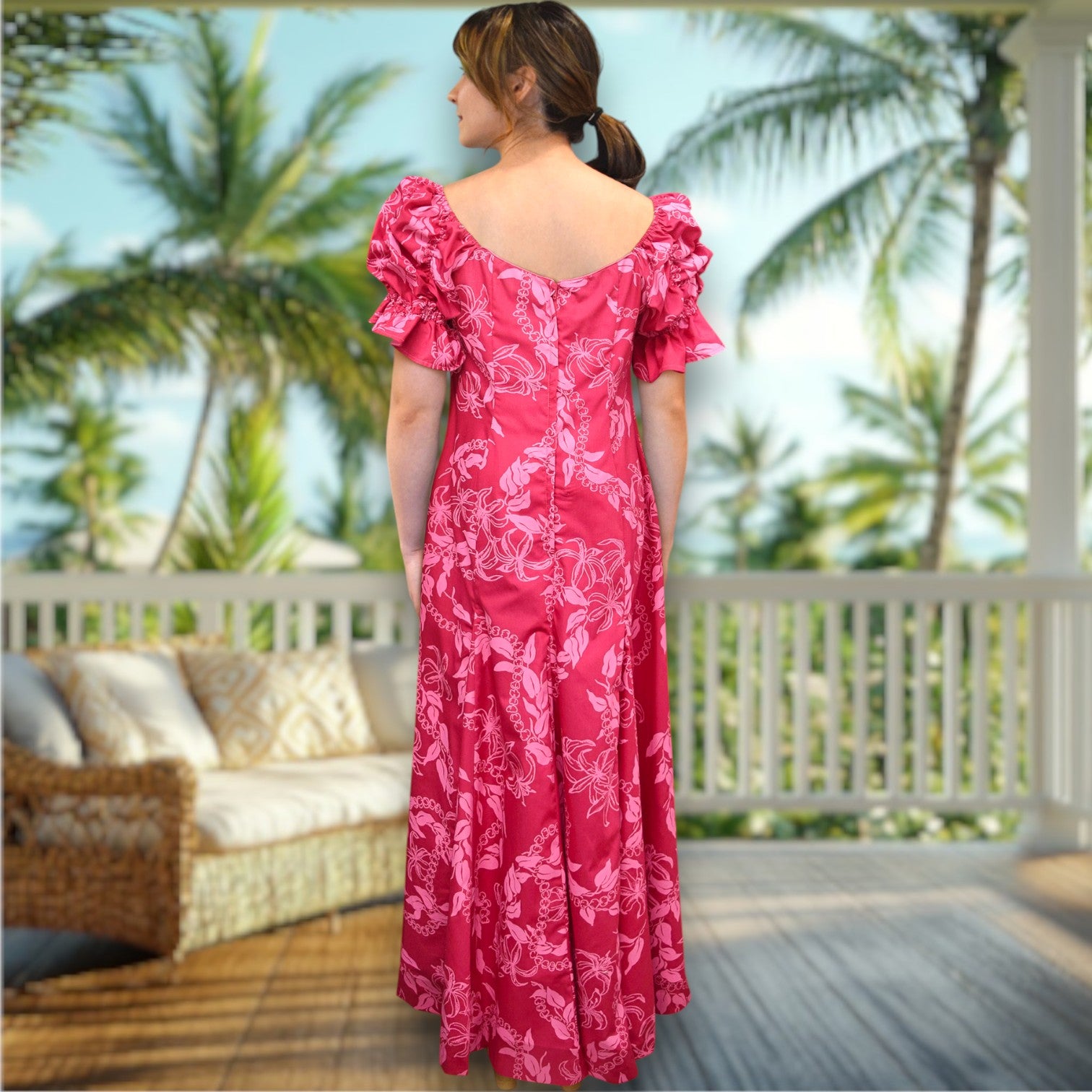 Elegant Pink Hawaiian Long Flare Dress