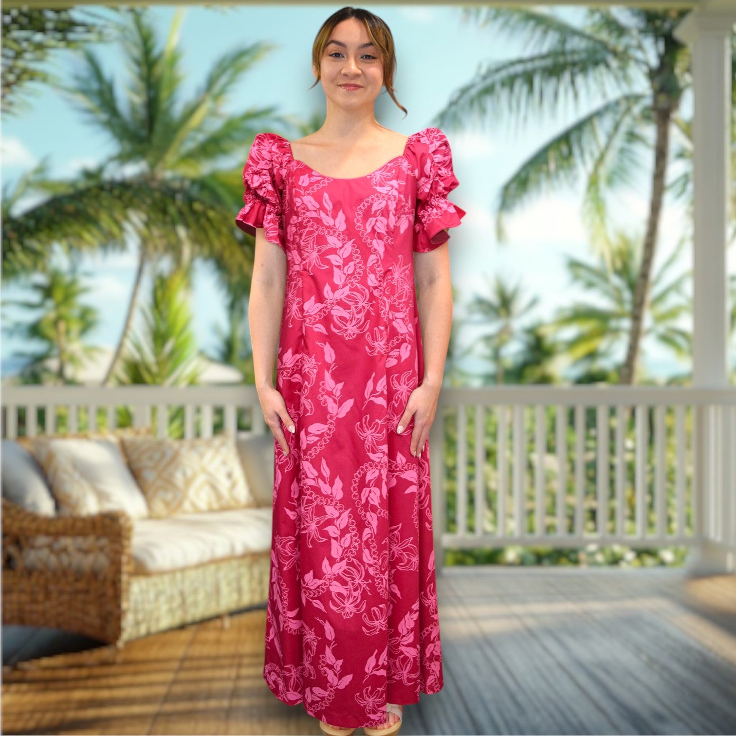 Elegant Pink Hawaiian Long Flare Dress