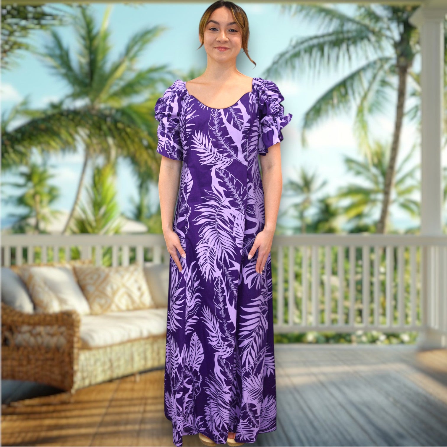 Elegant Purple Hawaiian Leaf Long 
Dress