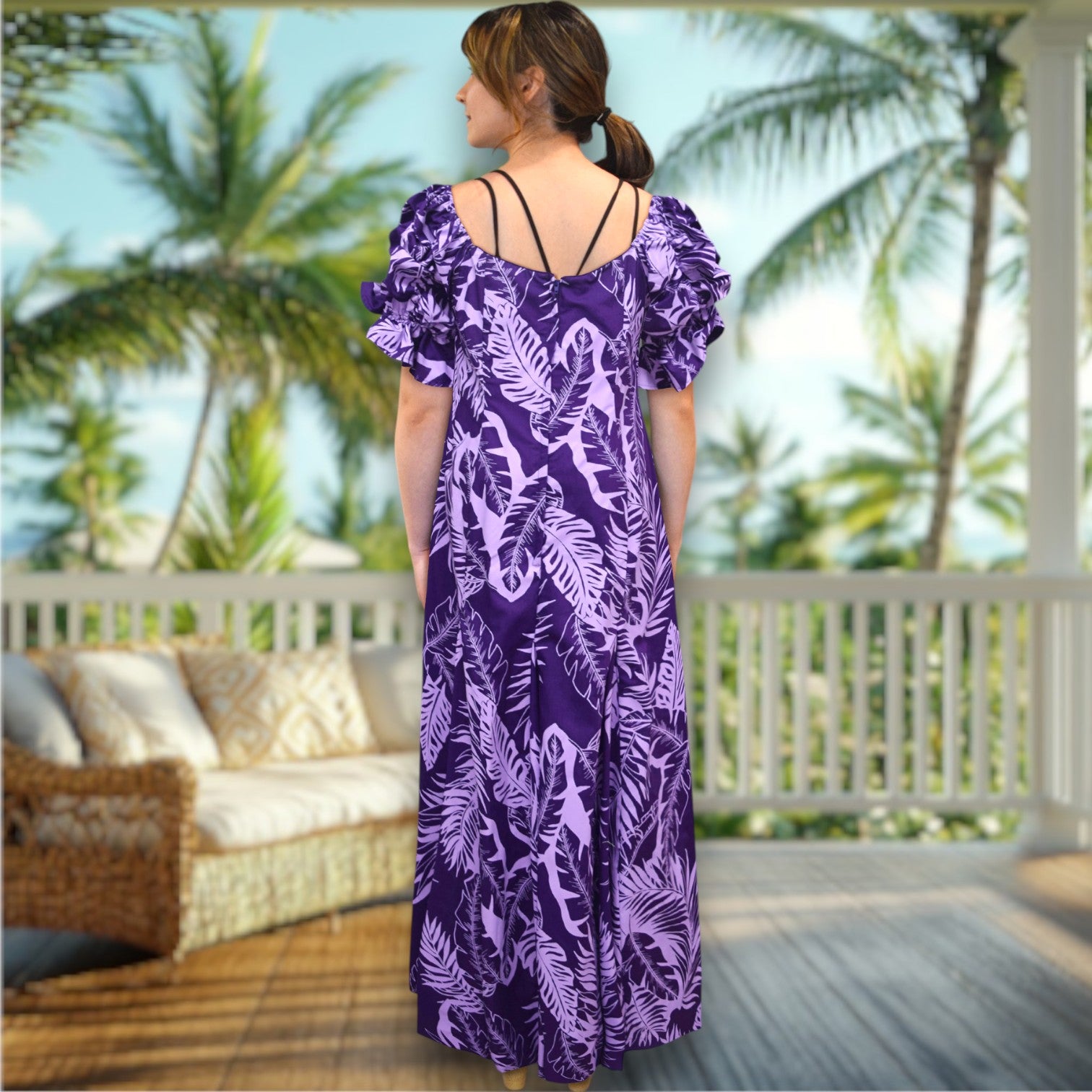 Elegant Purple Hawaiian Leaf Long 
Dress