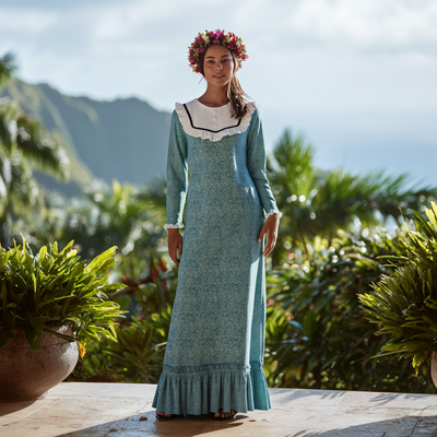 Elegant Rayon Long Dress with Lace Frill Collar