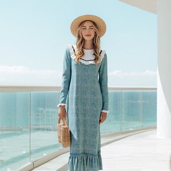 Elegant Rayon Long Dress Lace Frill Collar