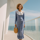 Elegant Rayon Long Dress Lace Frill Collar