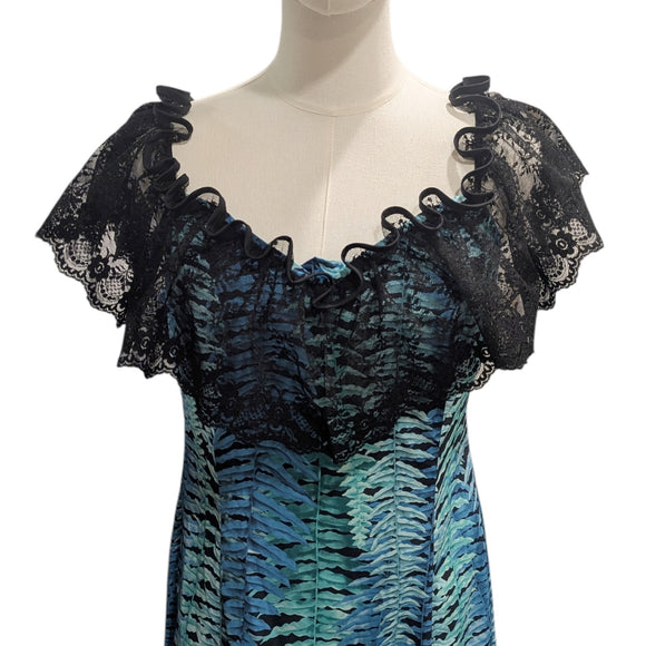 Hawaiian Holomuʻu – Fern Print & Black Lace Mermaid Line Hawaiian Dress | Made in Hawaii