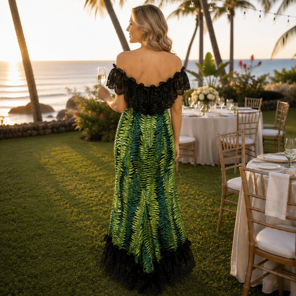 Hawaiian Holomuʻu – Fern Print & Black Lace Mermaid Line Hawaiian Dress | Made in Hawaii