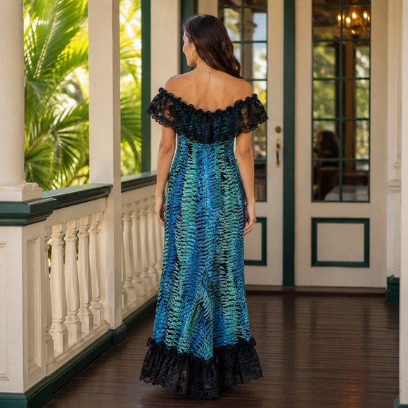 Hawaiian Holomuʻu – Fern Print & Black Lace Mermaid Line Hawaiian Dress | Made in Hawaii