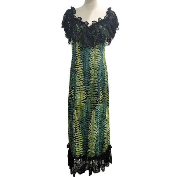Hawaiian Holomuʻu – Fern Print & Black Lace Mermaid Line Hawaiian Dress | Made in Hawaii