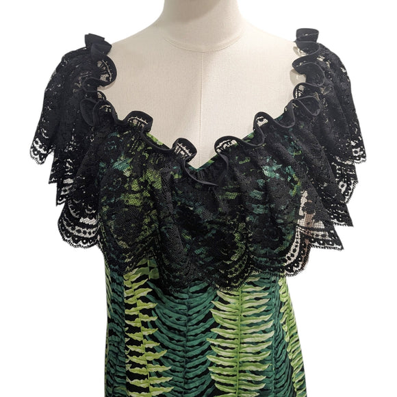 Hawaiian Holomuʻu – Fern Print & Black Lace Mermaid Line Hawaiian Dress | Made in Hawaii
