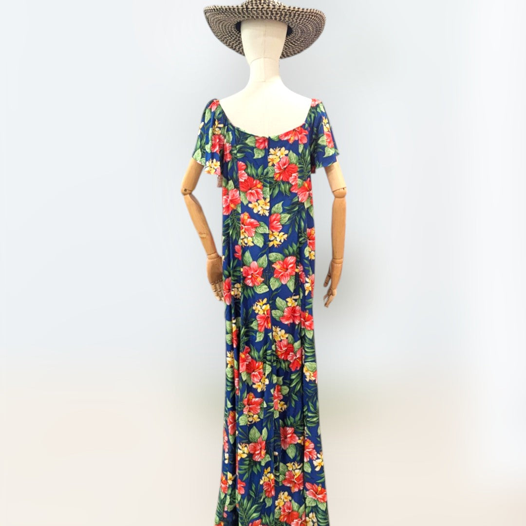 FlareSleeveHawaiianRayonDress-HibisucusandPlumeriainNavy