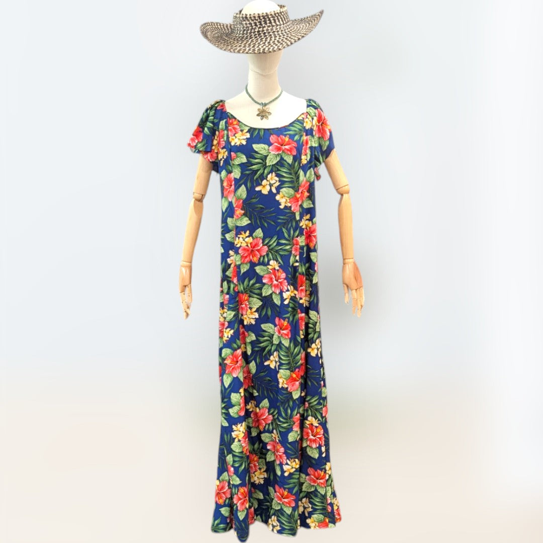 FlareSleeveHawaiianRayonDress-HibisucusandPlumeriainNavy